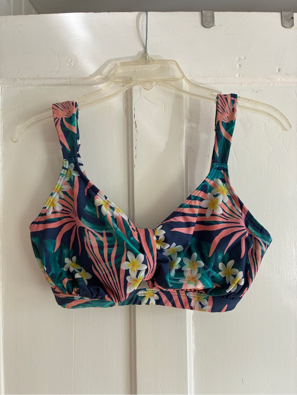 Tropical Floral Twist-Front Bikini Top - Navy & Pink